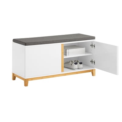 SoBuy Schoenenbank FSR117-W – Opbergbank met Gevoerde Zitting & 2 Deuren – Schoenenkast voor Hal, Entree & Slaapkamer – Wit, 90x34x46cm