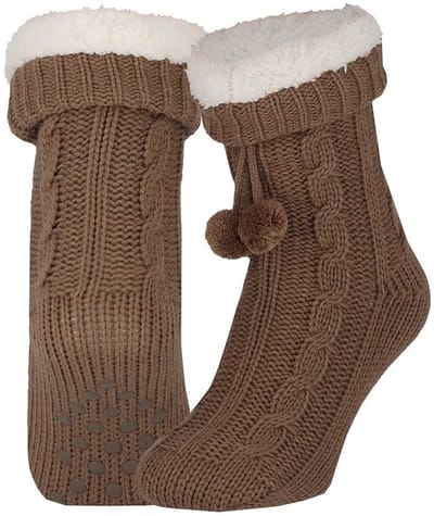 Apollo Huissloffen - dames - gebreid - slofsokken - donkerbruin - one size maat 36/41 - fleece