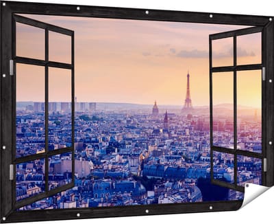 Gards Tuinposter Doorkijk Skyline van Parijs tijdens Zonsondergang - 180x120 cm - Tuindoek - Tuindecoratie - Wanddecoratie buiten - Tuinschilderij