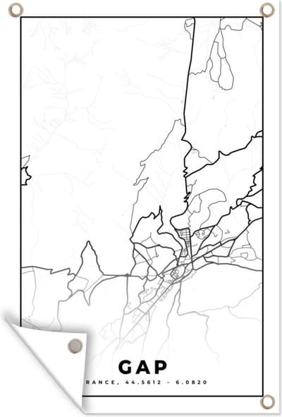 Muurdecoratie Frankrijk – Kaart – Plattegrond – Gap - Stadskaart - Zwart wit - 120x180 cm - Tuinposter - Tuindoek