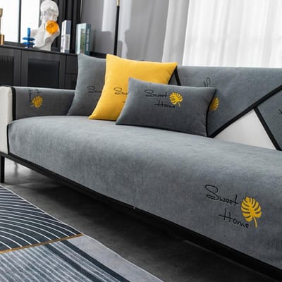 Chenille Geborduurde Letter Blad Sofa Hoes Universele Modulaire Zwarte Rand Sofa Hoes Antislip Bankhoes voor Woonkamer 30x50cm pillowcase grijs
