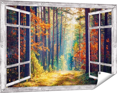 Gards Tuinposter Doorkijk Herfstbos met Zonneschijn - Kleur - 120x80 cm - Tuindoek - Tuindecoratie - Wanddecoratie buiten - Tuinschilderij