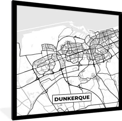 Fotolijst incl. Poster Zwart Wit- Stadskaart - Plattegrond - Dunkerque - Kaart - Frankrijk - Zwart wit - 40x40 cm - Posterlijst
