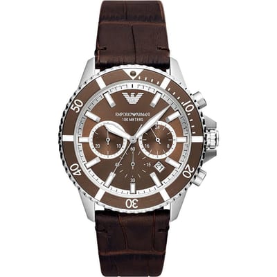 Emporio Armani Duikersstijl Kwarts Chronograaf met Datum Bruine Leren Herenhorloge AR11486 bruin