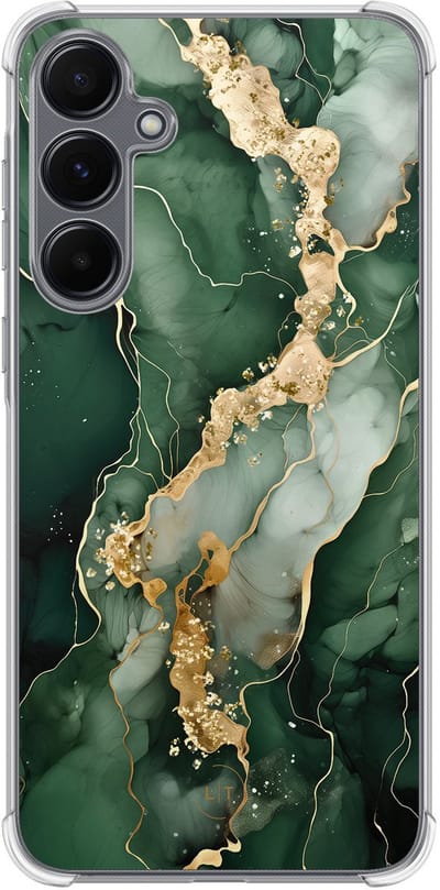 Shockproof hoesje - Geschikt voor Samsung Galaxy A35 - Marmer groen goud - Extra sterke case - TPU/polycarbonaat - Marmer - Groen, Goud, Transparant