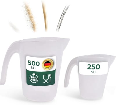 Novaliv maatbekerset 250ml 500ml, maatbeker keuken transparant met duidelijke g/ml schaalverdeling voor vloeistoffen bloem & suiker, Made in Germany, vaatwasserbestendig, mengkom maatbeker werkplaats
