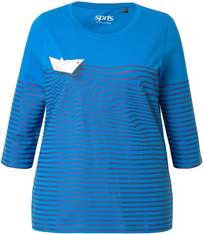 Ulla Popken - Dames - Shirt strepen papierboot boothals 3/4-mouwen - Pacific blauw - Maat 42+