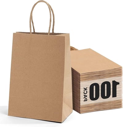 100 bruine papieren zakken met handgrepen - 15 x 8 x 21 cm - kleine cadeauzakjes voor bruiloften - robuuste kraftpapieren zakken - boodschappentassen - detailhandeltassen