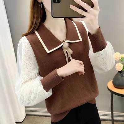 Kant Trui met Lange Mouwen Dames Losgebreide Trui Dunne Snit Bovenkleding Basis Korte Top one size