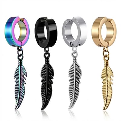4 delige set oorbellen met veer hanger voor heren – zwarte, zilverkleurige, goudkleurige en regenboogkleurige Oorringen – moderne metalen oorhangers set