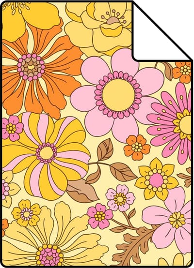 Proefstaal ESTAhome behang retro bloemen geel, roze en oranje - 26.5 x 21 cm - 131811-S