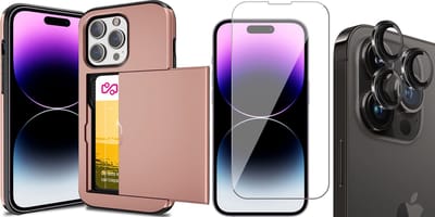 Hoesje met Pasjeshouder geschikt voor iPhone 15 Pro - Screenprotector GlassGuard & Camera Lens Screen Protector Zwart - Back Cover SlideCase Roségoud