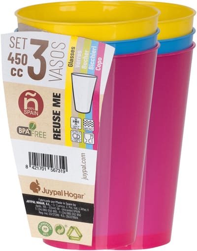 Juypal drinkbekers - 6x - multi - kunststof - 450 ml - herbruikbaar - BPA-vrij