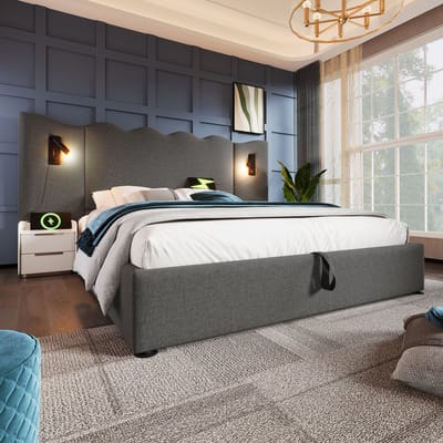 MODFU Bedframe 180x200 cm – Linnen grijs – Met leeslamp, USB-C & hydraulische opbergruimte