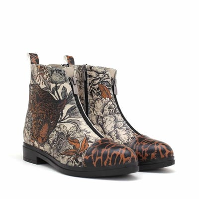 Goby - Wild Elegance Dames Enkellaarzen - Vegan Leer - Handgemaakt - Tijger en Bloemen Design - Maat 40