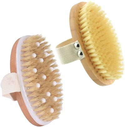 QTTVBTNA -2 Stuks Lichaamsborstel met Natuurlijke Zwijnenharen – Droogborstel voor Lymfedrainage, Massage & Peeling – Stimuleert Bloedsomloop, Vermindert Cellulite – Ronde Handborstel 11 cm voor Douche & Wellness