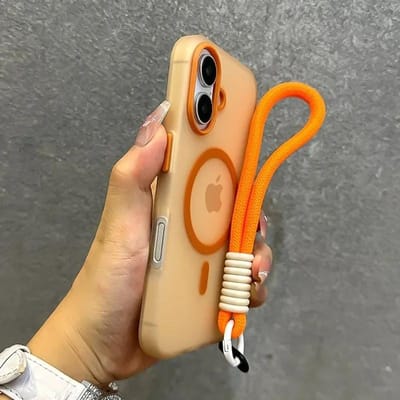 Voor Magsafe Snoepkleur Contrast Lanyard Hoesje Voor iPhone 17 16 15 Pro Max 14 Plus 11 12 13 16e Handpolsband Mat Zacht Hoesje iPhone 11 orange