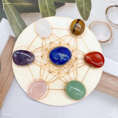 Zeven Chakra Natuurlijke Palm Ronde Trommelstenen Houten 7 Chakra Platen Kristal Kwarts Energie Genezing Yoga Woondecoratie Cadeau 1Set