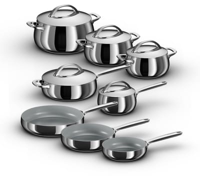 BergHOFF Home Belly Pannenset 13-delig – Luxe RVS Kookset – Steelpan 16cm, Kookpotten 18/20/24cm, Hapjespan 24cm + 5 Deksels – Inclusief Keramische Koekenpannen 20/24/28cm – PFAS-Vrij – Stellar Steel