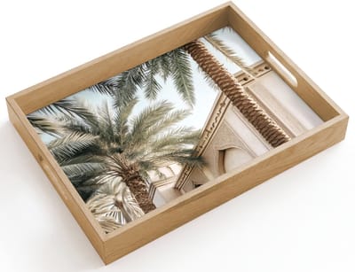 Dienblad hout 40x30 cm - Schootdienblad - Gebouw - Palmbomen - Beige - Zon - Borrelplank rechthoek - Plateau dienbladen