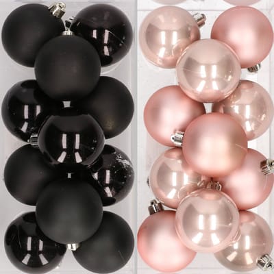 48x stuks kunststof kerstballen zwart en lichtroze 6 cm - Kerstversiering/kerstboomversiering