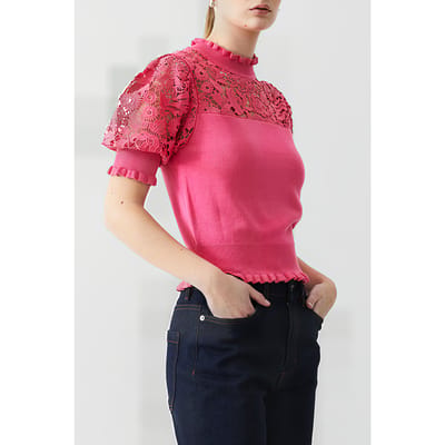 French Connection Crochet Mix Knit Camellia Size: XS | Knitted Sweaters Outlet | Dames | Roze