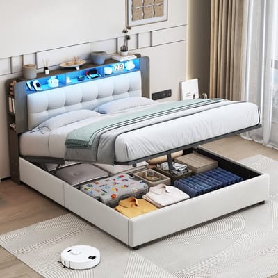 Opbergbed 140x200 Beige Velvet – Bed met LED & Draadloos Opladen
