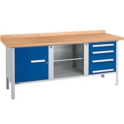 Box-type werkbank Schäfer Shop Select PW 200-1, beuken multiplex blad, tot 750 kg, B 2000 x D 700 x H 840 mm, gentiaanblauw