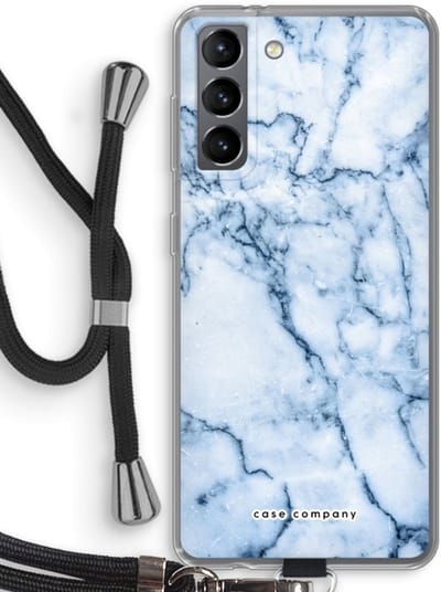 Case Company® - Hoesje met koord geschikt voor Samsung Galaxy S21 hoesje met Koord - Blauw marmer - Telefoonhoesje met Zwart Koord - Bescherming aan alle Kanten en Over de Schermrand
