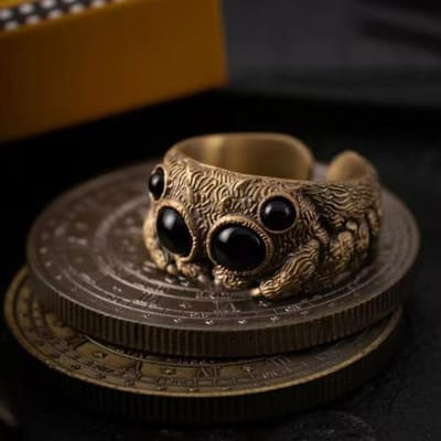Retro Zwarte Agaat Springende Spin Ring Voor Vrouwen Creativiteit Overdreven Dier Open Mond Verstelbare Ringen Bedel Sieraden Cadeau black