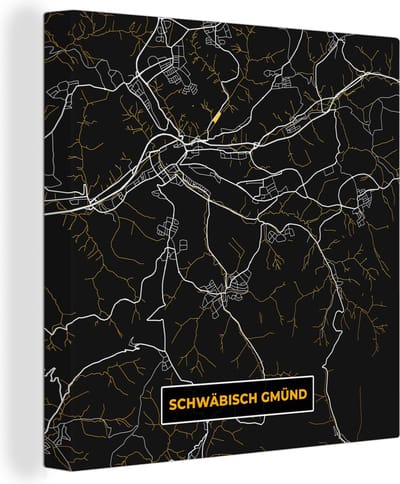 Canvas Schilderij Black and Gold – Stadskaart – Schwäbisch Gmünd – Duitsland – Plattegrond – Kaart - 20x20 cm - Wanddecoratie
