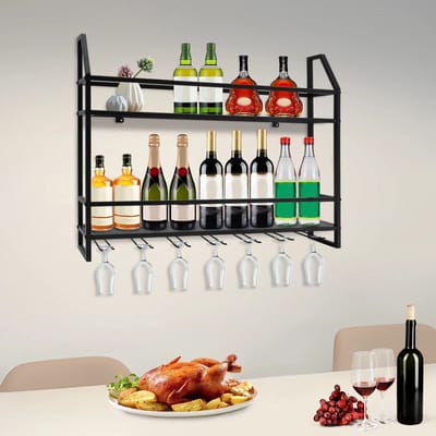 Stervia Wijnrek Hangend - Wijnrek Muur - Geschikt Voor Ca 16 Wijnflessen En 7 Glazen - Draagvermogen 30 Kg - Zwart - 80 x 12 x 62 cm
