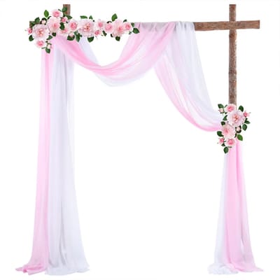 Tule Achtergrondgordijn 2 Stuks - Voor Bruiloft, Feest & Buiten - Witte & Roze Chiffon Decoratie met Elastiek - 70x550 cm - Wit and Roze