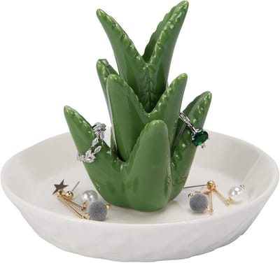 Keramische Ringhouder - Sieraden Schaal - Sieraden Opbergen - Decoratieve Aloë Vorm - 12x12x10cm - Mat Wit