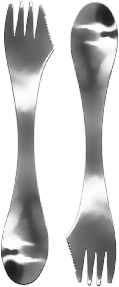 Bestek, 2 x messen, vorkenlepel, bespaart bagage en gewicht door drievoudige functie, roestvrij staal, robuust, licht, set van 2