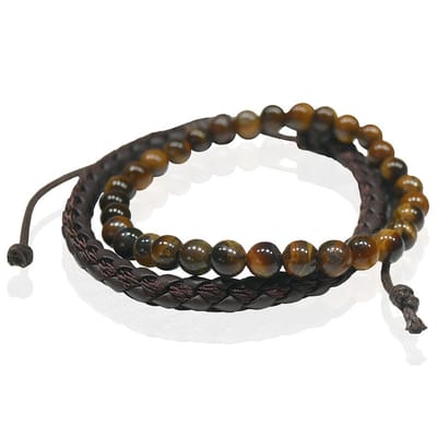 LGT JWLS Natuursteen en Leren Armbandenset - Bruin - Heren Sieraden - Tijgeroog en Leder - voor Mannen