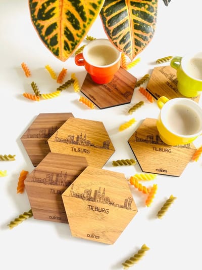 5x Onderzetters Skyline van Tilburg - 10x9cm - Notenhout