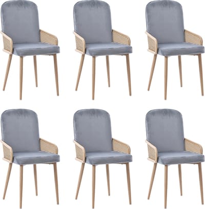 Merax Rotan Eetkamerstoelen Set van 6 - Fluweel - Houtlook Metalen Poten - Grijs met Bruin