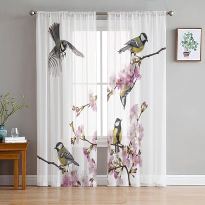 Oriole Perzikbloesem Vogel Bloem Transparante Gordijnen voor Woonkamer Decoratie Raamgordijnen Keuken Tule Voile Organza Gordijnen W135 x H137cm x1