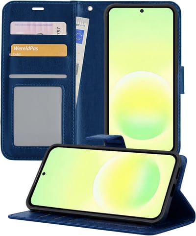 Hoesje - Met Pasjeshouder - Geschikt voor Samsung Galaxy A57 - Luxe Bookcase Portemonee - Flip Case - Kunstleer Book Case - Flipcase - Book Cover - Walletcase - Portemonneehoes - Telefoonhoesjes - Donkerblauw