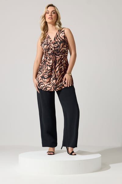 Yours London Bruine Mouwloze Top Met Zebraprint En Knoop Aan De Voorkant Size 38