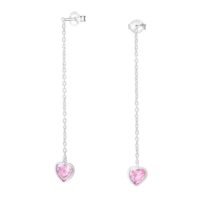 Joy|S - Zilveren hartje oorbellen - hartje aan kettinkje 4.5 cm lengte - zirkonia roze