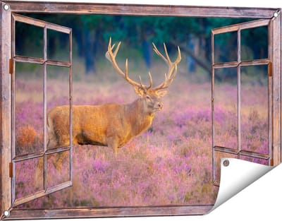 Gards Tuinposter Doorkijk Hert in de Weide tijdens Zonsondergang - 90x60 cm - Tuindoek - Tuindecoratie - Wanddecoratie buiten - Tuinschilderij