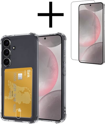 Hoesje - Geschikt voor Samsung Galaxy S24 - Met Screenprotector - En Pashouder - En Kaarthouder - Telefoon Hoes Shockproof - Siliconen Case - Back Cover - Shock Proof - Pasjes Houder - Transparant