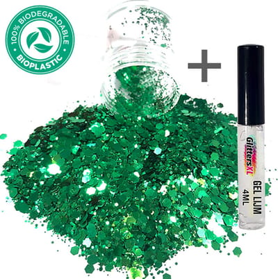 GlittersXL - Chunky Glitters (Donker Groen) + Glitter Huid Lijm [Volume 8g - Festival Jewels Glitter Outfit Lichaam en Gezicht - Make-up Diamond Dots Face Body - Diamantjes Strass Steentjes - Kinderen Volwassenen Dames Makeup Tattoo Mastix Schmink]