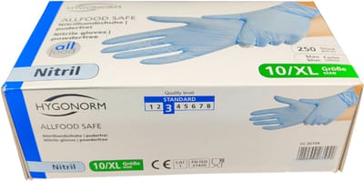 Hygonorm Nitril Handschoenen Maat XL – Blauw – 250 Stuks – Poedervrij – Allfood Safe – Wegwerphandschoenen voor Voedselverwerking en Hygiëne
