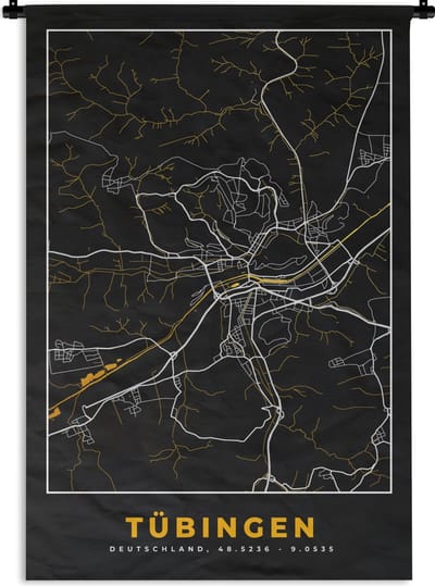 Wandkleed - Wanddoek - Duitsland – Black and Gold – Tübingen – Stadskaart – Kaart – Plattegrond - 120x180 cm - Wandtapijt