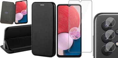 Hoesje geschikt voor Samsung Galaxy A13 4G - Book Case Kunstlederen Wallet Cover Minimalistisch Pasjeshouder Hoes Zwart - Tempered Glass Screenprotector - Camera Lens Protector