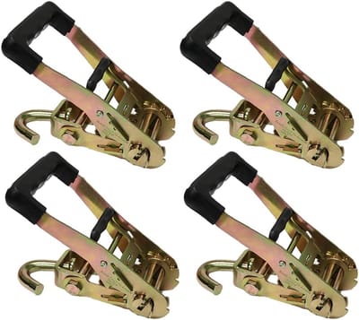 4 Pack Heavy Duty Rubber Handvat Ratchet Gesp met Swivel J Haak - Dubbele Locking, 3 kg Slepen, Cargo Control Tie Down