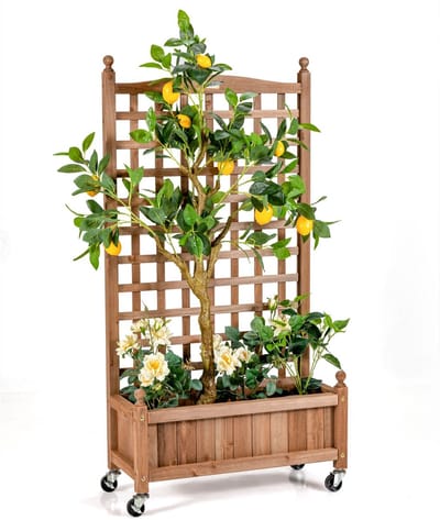 Plantenbak met klimrek - Bloembak - Weerbestendig - Met trellis - Buiten - Hout - Plantenrek - Bruin